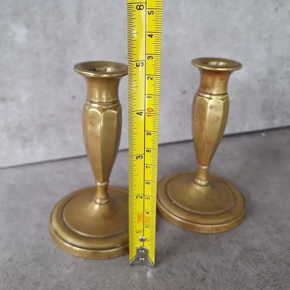 Vintage set of 2 solid brass skinny candle stick holders rustic farm house decor